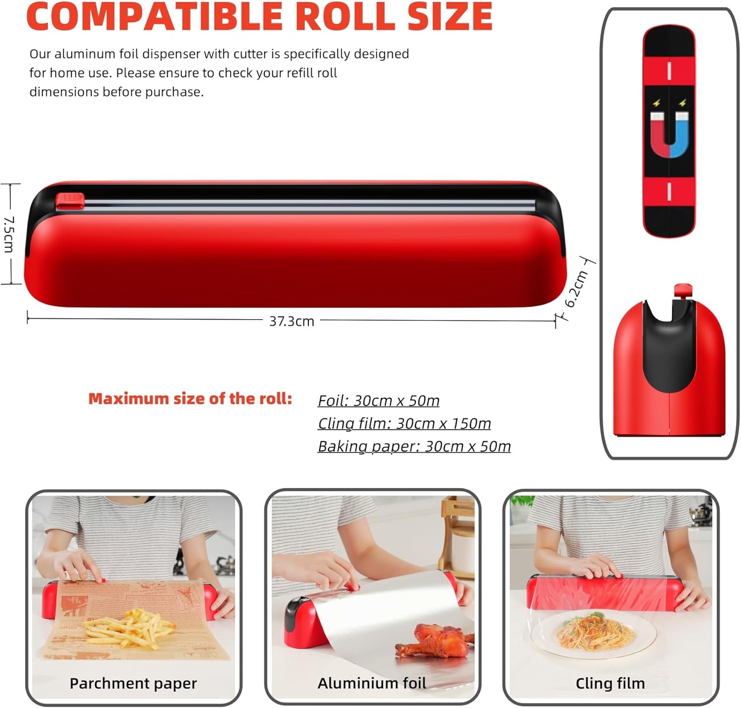 Aluminum Foil & Plastic Wrap Dispenser with Cutter - Easy One-Hand Operation, Space-Saving Kitchen Organizer for Worktops & Cabinets, Magnetic Cling Film Dispenser - Fits 12" Rolls, Red - Image 5