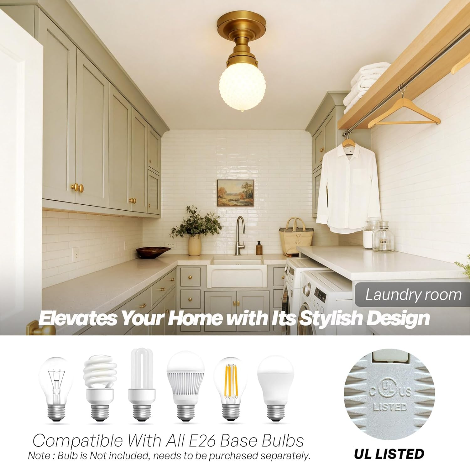 Modern Schoolhouse Semi Flush Mount Ceiling Light, Brass Gold Close to Ceiling Light Fixtures with Globe Milky White Glass Hallway Ceiling Lamp for Laundry Entryway Kitchen Bathroom E26