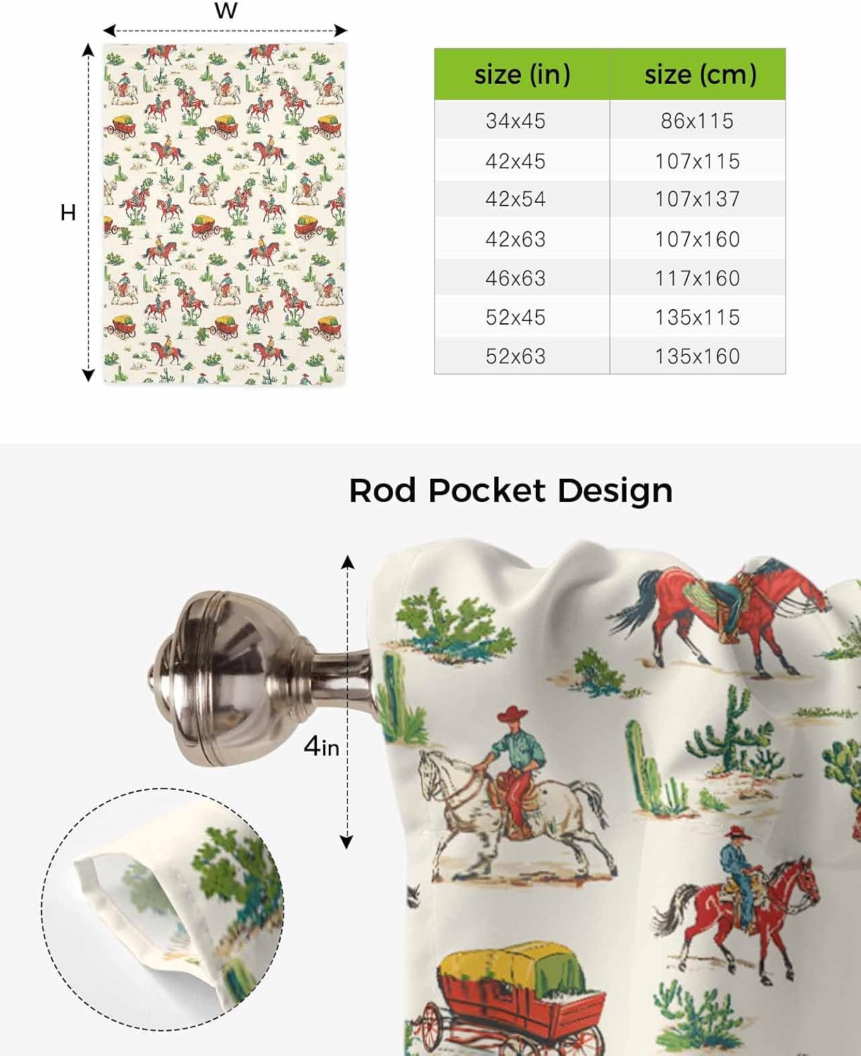 Tie Up Curtains for Windows, Western Cowboy Kitchen Curtain Adjustable Balloon Window Shades, Horse Cactus Farmhouse Aesthetic Art Valance Curtains for Living Room/Bedroom/Cafe 52"x63"
