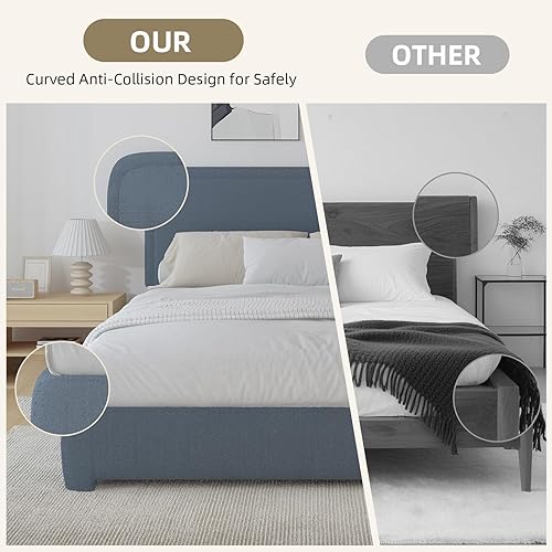 Miniatura 6 de BarnFurin Marco de cama Queen con cabecero, marco de cama tapizado Boucle, esquinas redondeadas suaves y lujosas, no requiere somier, fácil montaje,