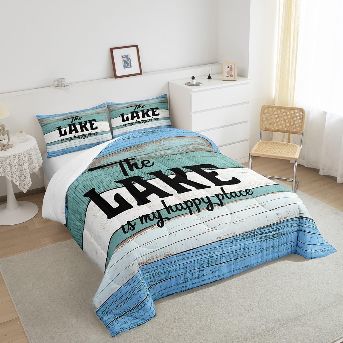 Erosebridal Lake House Comforter Set Rustic Farmhouse Bedding Comforter Sets, Lake Life Bedding Queen Size Vintage Wooden Planks Duvet Insert 3Pcs for Toddler Kids Boys Girls, Teal Turquoise