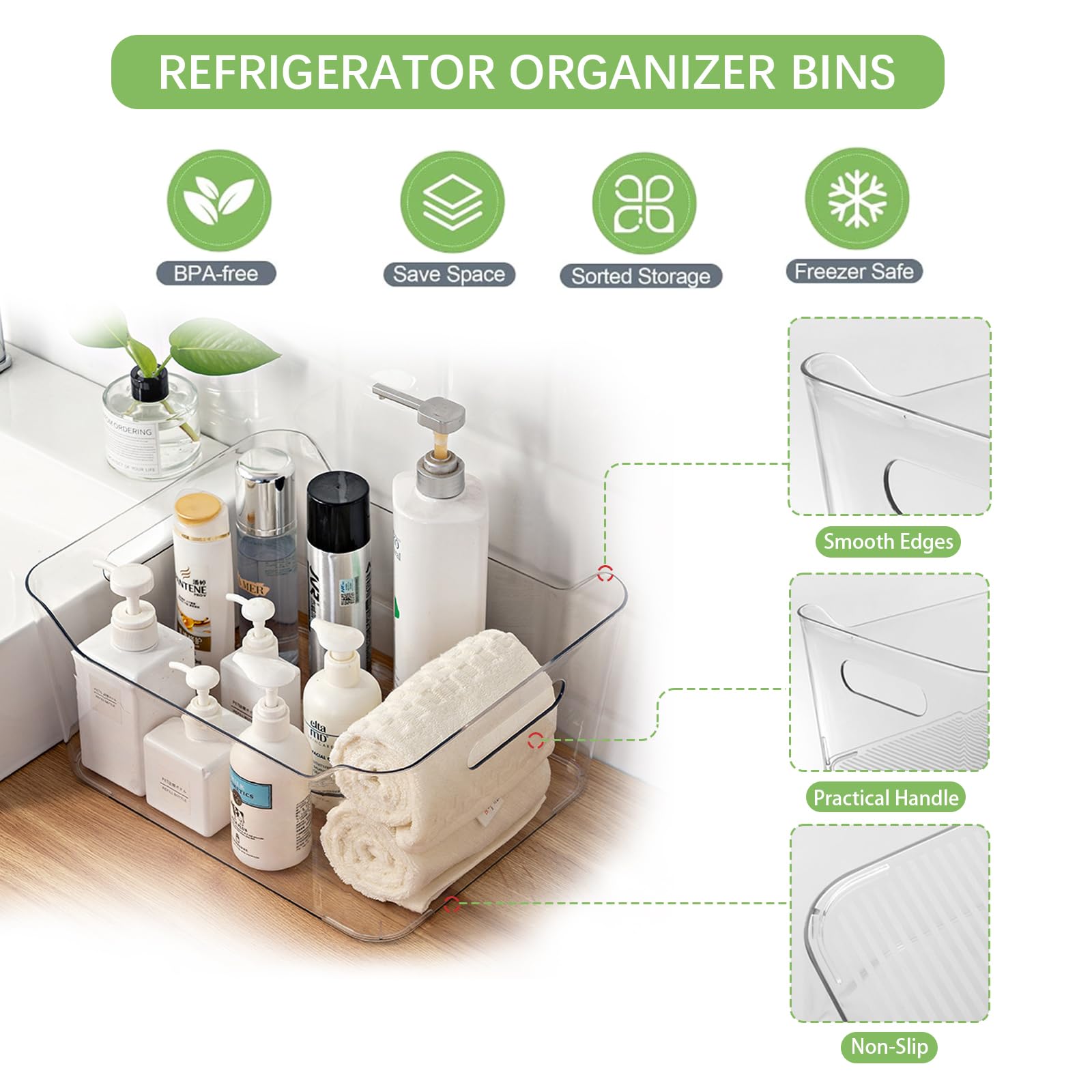 Organizador para la despensa - Juego de 4 - Organizador Cocina para Nevera, Cocina, Organizador de Fridge para Armarios y Encimeras, Transparente - Sin BPA - 28,5 x 20,6 x 13 cm