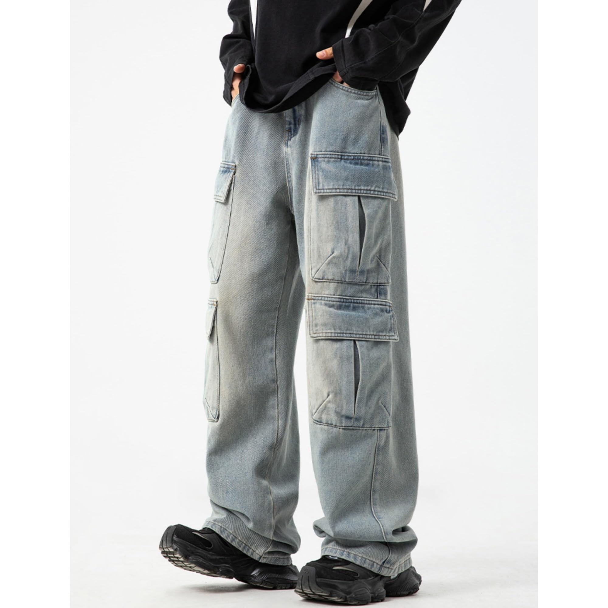 Męskie Baggy Cargo Jeansy Hip Hop Proste Nogawki Sprane Jeansy Casual Denim Spodnie Vintage Hip Hop Jeansy Młodzieżowe Spodnie Skateboardowe Streetwear