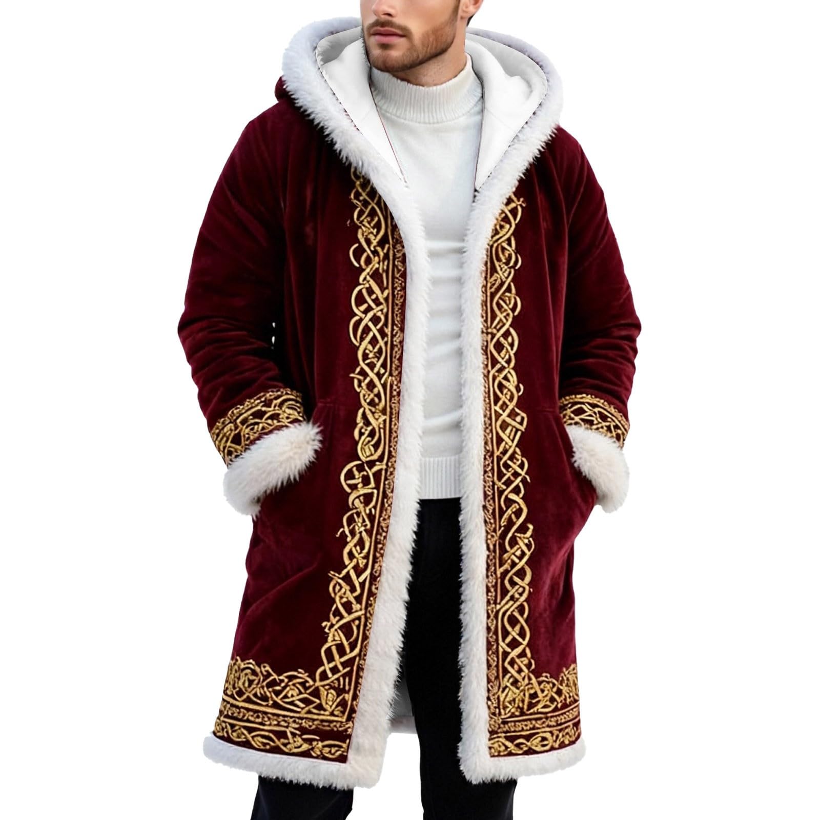 Santa Claus Costume Men's Christmas Costume Men's Funny Christmas Fleece Hoodie Oversize Christmas Jacket Warm Soft Cardigan Festive Party Coat Xmas Hooded Coat with Hood, O Red, XXL