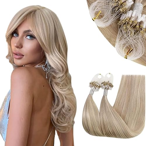 Miniatura 3 de RUNATURE Extensiones de cabello humano con microenlaces de color rosa intenso, 18 pulgadas, 25 hebras y rubio ceniza, micro enlaces para mujer, 1.76