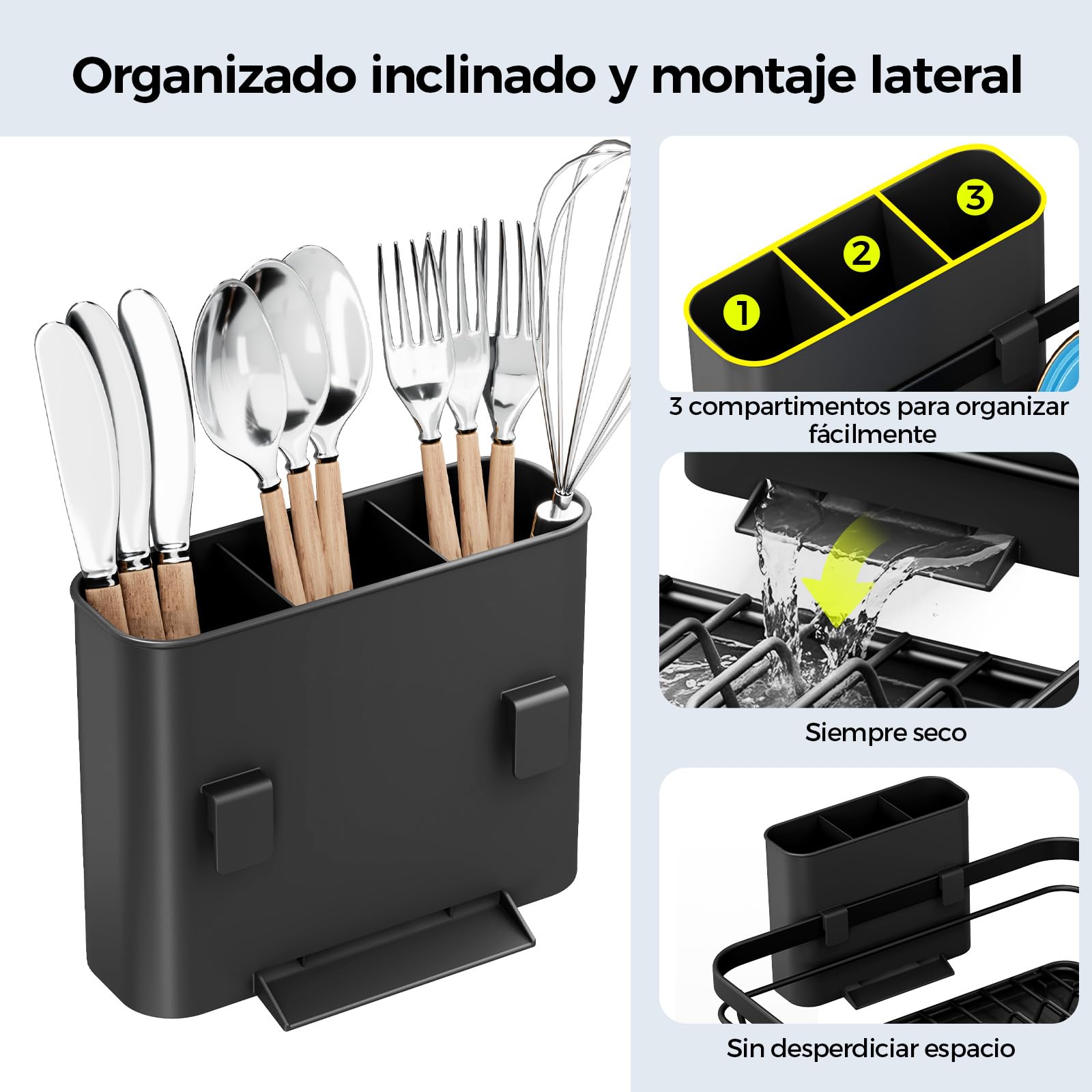 Escurridor de Platos, Escurreplatos con Soporte para Utensilios Extraíble, Escurreplatos de Cocina para Fregadero con Tabla de Escurrir con Pies Elevados, Escurreplatos de Gran Capacidad, Negro