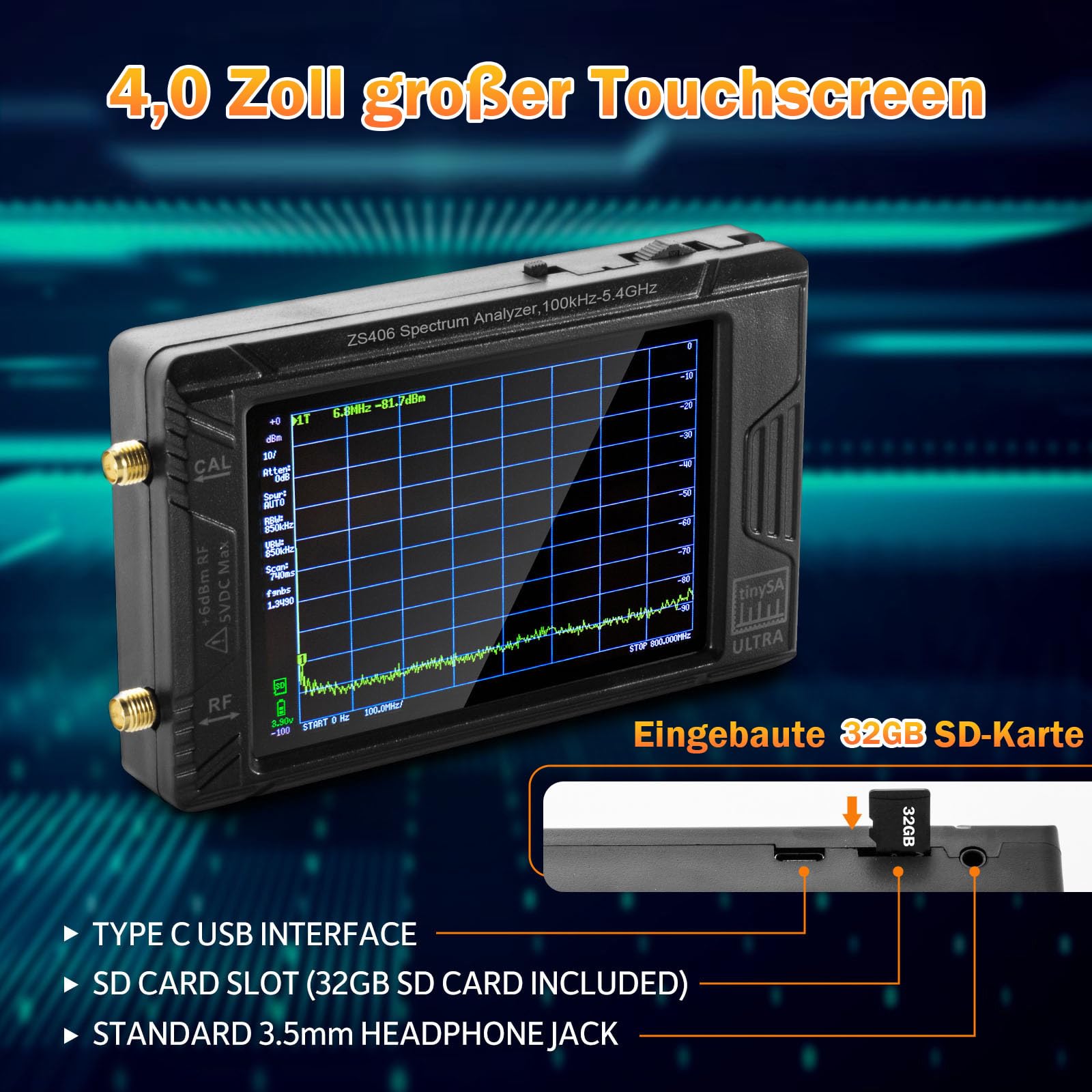 AURSINC 2025 HW V0.4.6 TinySA Ultra+ ZS406 Spektrumanalysator, 100 kHz-5,4 GHz 4,0-Zoll Handheld Frequenzanalysator mit 32 GB Karte, 2-in-1-Signalgenerator MF/HF/VHF UHF-Eingang