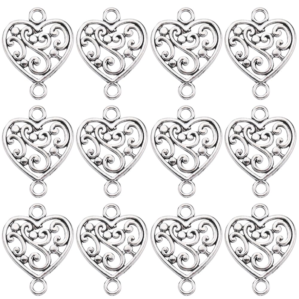 SUNNYCLUE 1 Box 100Pcs Silver Heart Connectors Love Connector Charm Hollow Alloy Antique Silver Tibetan Hearts Link Valentine Charms for jewellery Making Charms Women DIY Necklace Bracelets Crafts