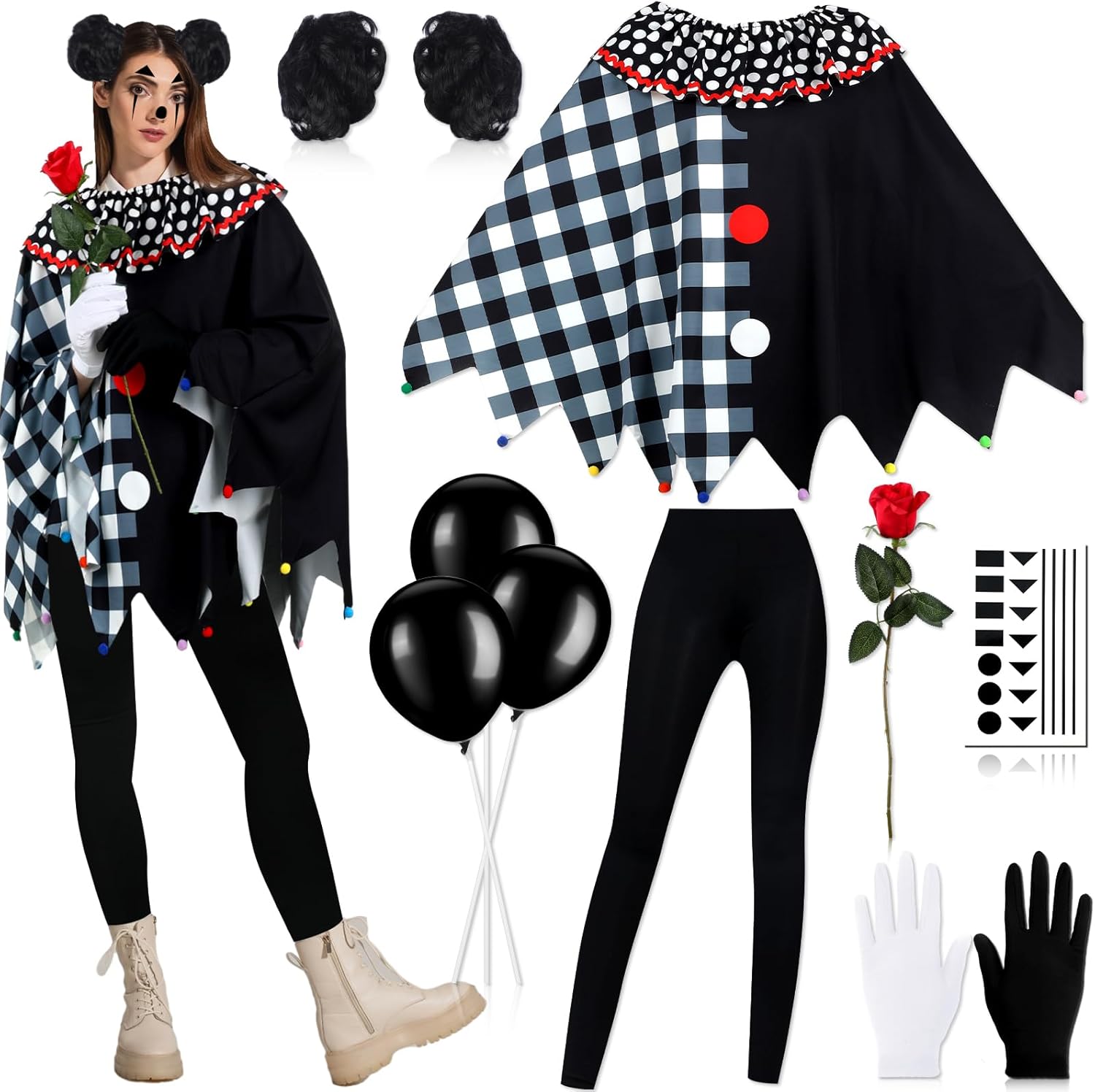 Haull 11 Pcs Jester Killer Clown Costume for Women Halloween Scary Clown Poncho Red Rose Balloon Wig Gloves Leggings Creepy Costume for Women Halloween Cosplay Accessories