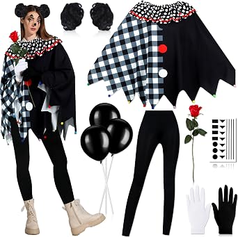 Haull 11 Pcs Jester Killer Clown Costume for Women Halloween Scary Clown Poncho Red Rose Balloon Wig Gloves Leggings Creepy Costume for Women Halloween Cosplay Accessories