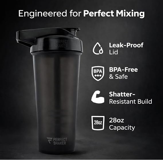 PerfectShaker ACTIV Protein Shaker Bottle 28oz | Leak-Proof, BPA-Free, Shatter-Resistant | ActionRod Mixing Technology for Smooth Blends | Gym, Fitness & Sports Mixer Shaker (BLACK, 28 Oz)