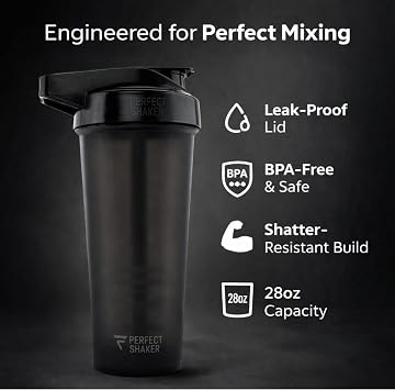 PerfectShaker ACTIV Protein Shaker Bottle 28oz | Leak-Proof, BPA-Free, Shatter-Resistant | ActionRod Mixing Technology for Smooth Blends | Gym, Fitness & Sports Mixer Shaker (BLACK, 28 Oz)
