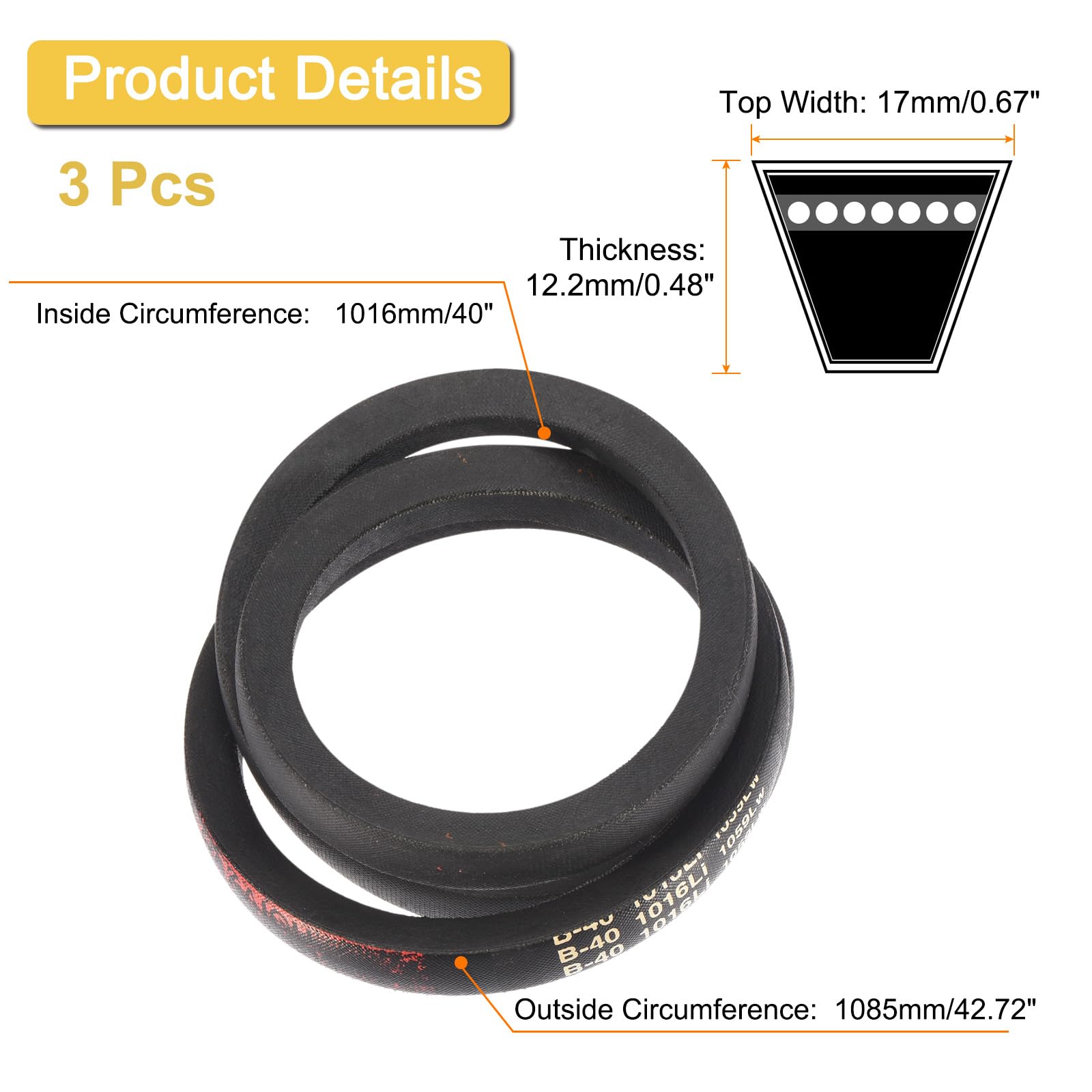Uxcell 3 Pack B-40 Classic Wrapped V-Belt, 43" Outside Circumference, Black, Industrial Rubber V-Belt — Amazon image 2