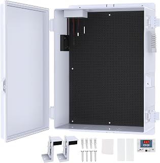 Akwscyby IP65 Waterproof Outdoor Electrical Junction Box with Fan, Thermostat, Mounting Plate - 15.7x11x5.9in ABS Enclosure