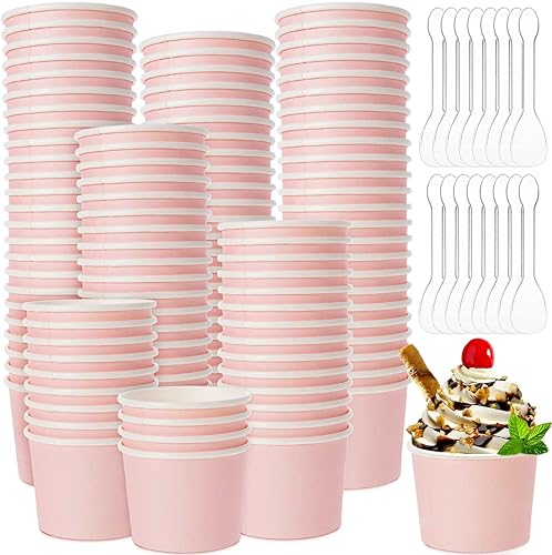 Miniatura 1 de 100 tazas de helado de 8 onzas con 100 cucharas, recipientes de helado de color sólido, tazas de helado desechables, tazones de yogur para postre,