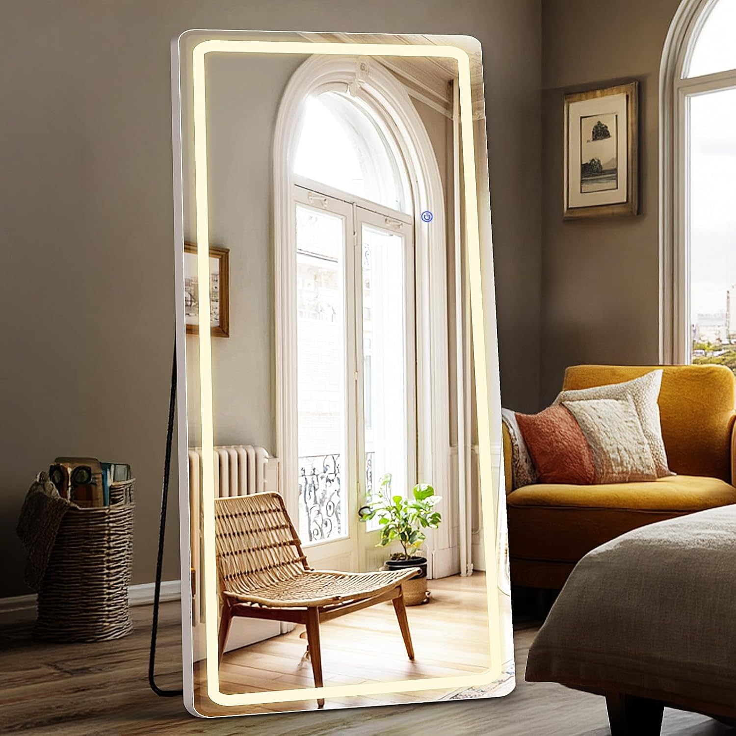 DUMOS Arched Full Length Mirror with Light-15.7×59.8" LED Floor Standing Mirror with 3 Color Lights & Wall Mounted for Bedroom, Dressing Room, Living Room, Bathroom