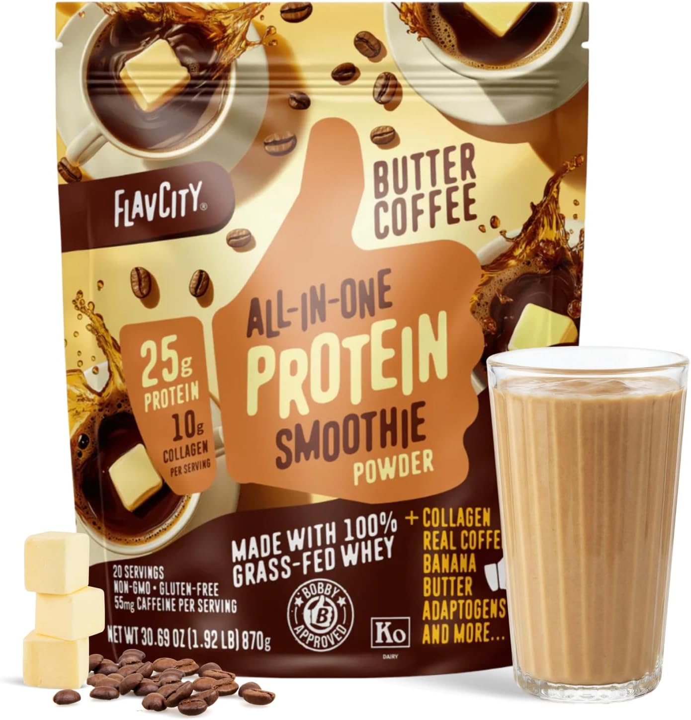 FlavCity All in One Protein Shake Powder, Butter Coffee - 55mg Caffeine + Collagen Peptides, Reishi & Cordyceps - Focus, Skin, Hair & Joint Support - 100% Grass Fed Whey, 20 Servings