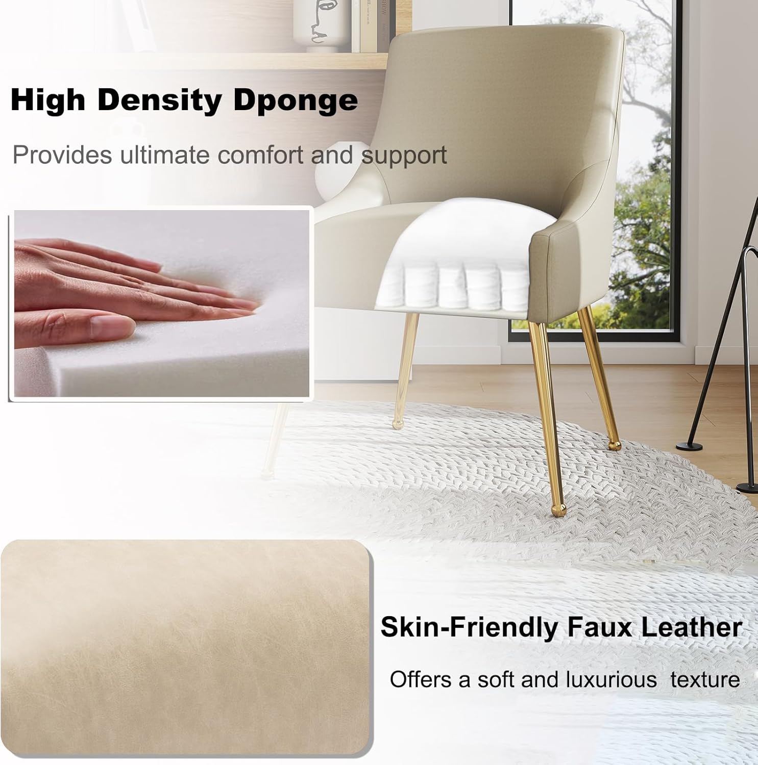Dining Room Chair Faux Leather Vanity Chairs Set of 2 Mid-Century with Metal Legs Upholstered PU Leather Luxury Accent Chairs Living Room Restaurant(Dark Apricot)