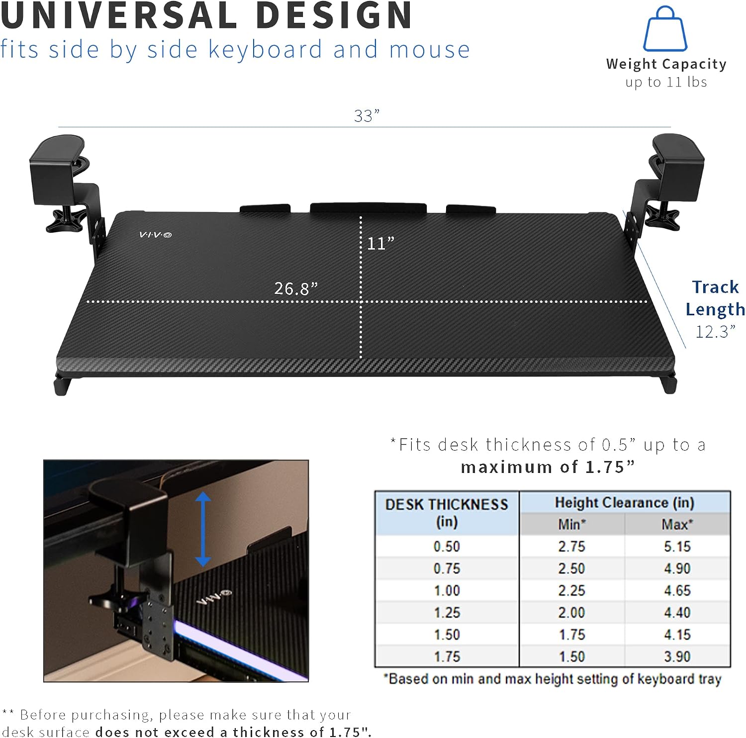 VIVO Large Height Adjustable Under Desk Keyboard Tray with RGB LED Side Lights, C-clamp Mount, 27 (33 Including Clamps) x 11 inch Slide-Out Platform Computer Drawer for Typing, Black, MOUNT-KB05GL