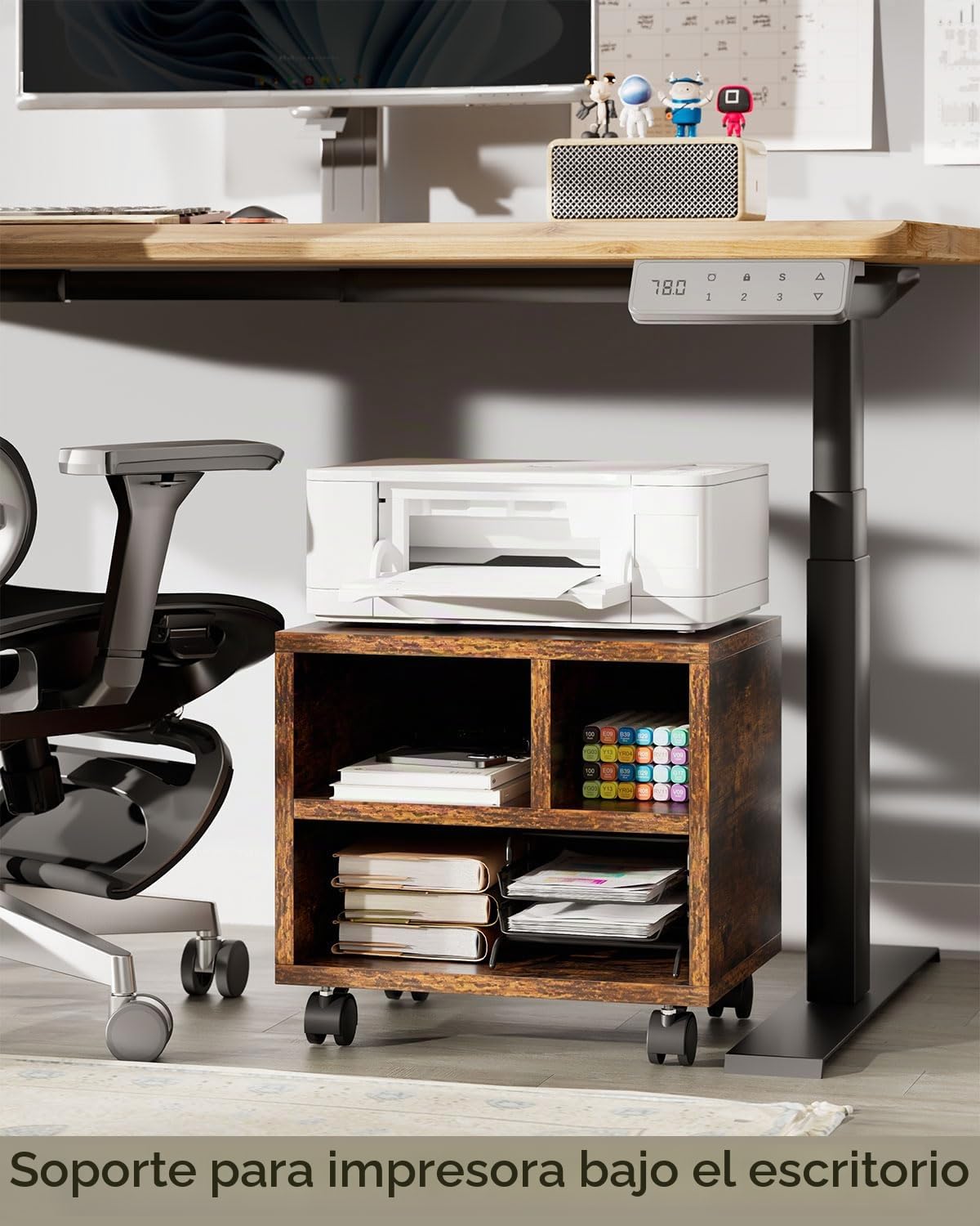 IBUYKE Soporte para impresora móvil con ruedas, mesa de impresora con estante de almacenamiento, organizador de escritorio multiusos, carrito de impresora sobre ruedas, para carpetas, máquina de fax