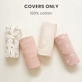 Konssy Muslin Baby Lounger Cover 2 Pack, 100% Cotton Newborn Lounger Cover, Soft and Breathable Lounger Slipcover for Boys Girls, Covers Only (Oat,Pink Sun)