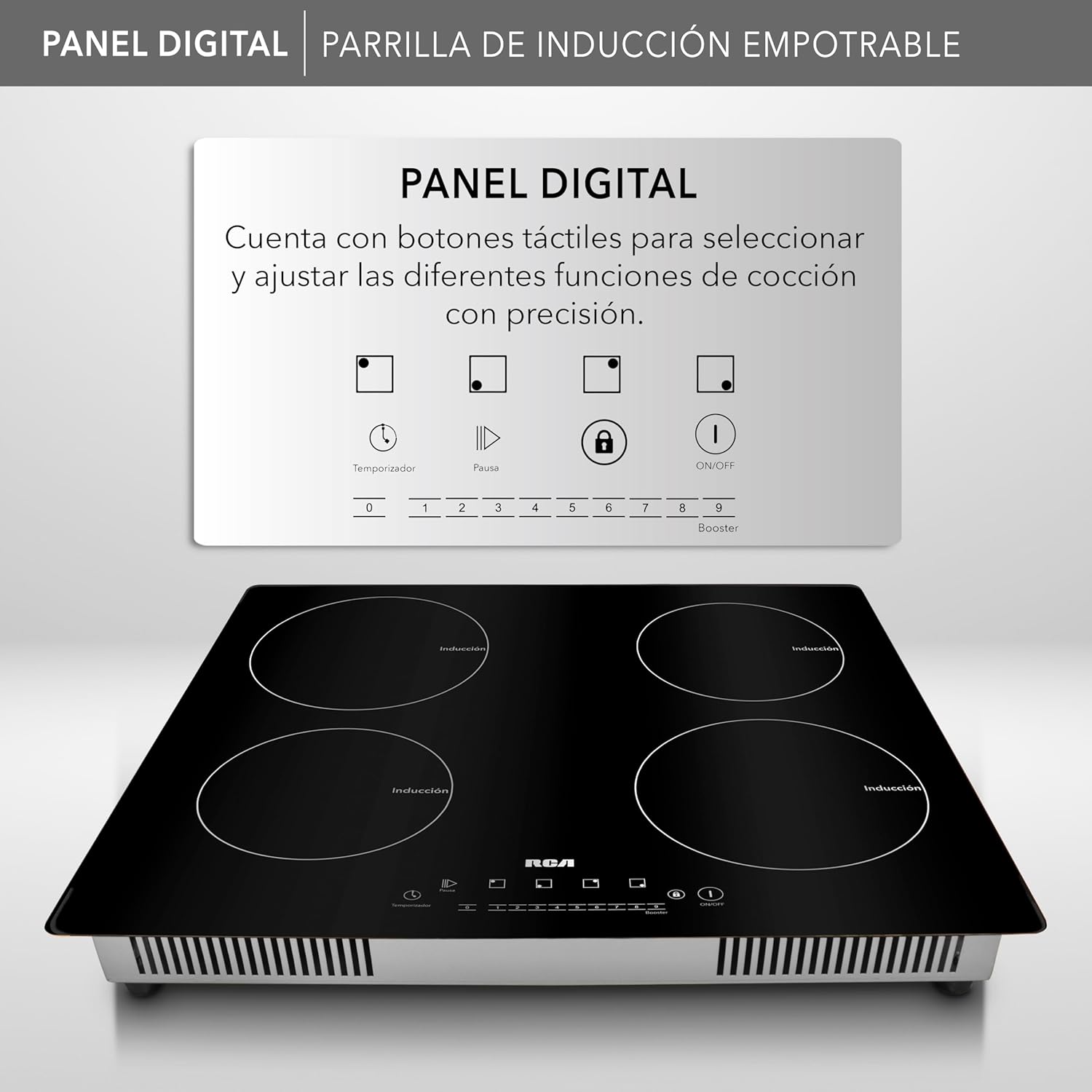 Close-up of the RCA RC-12A5 digital control panel, showing touch buttons for timer, pause, lock, ON/OFF, and power level selection from 0 to 9 with a Boost function.