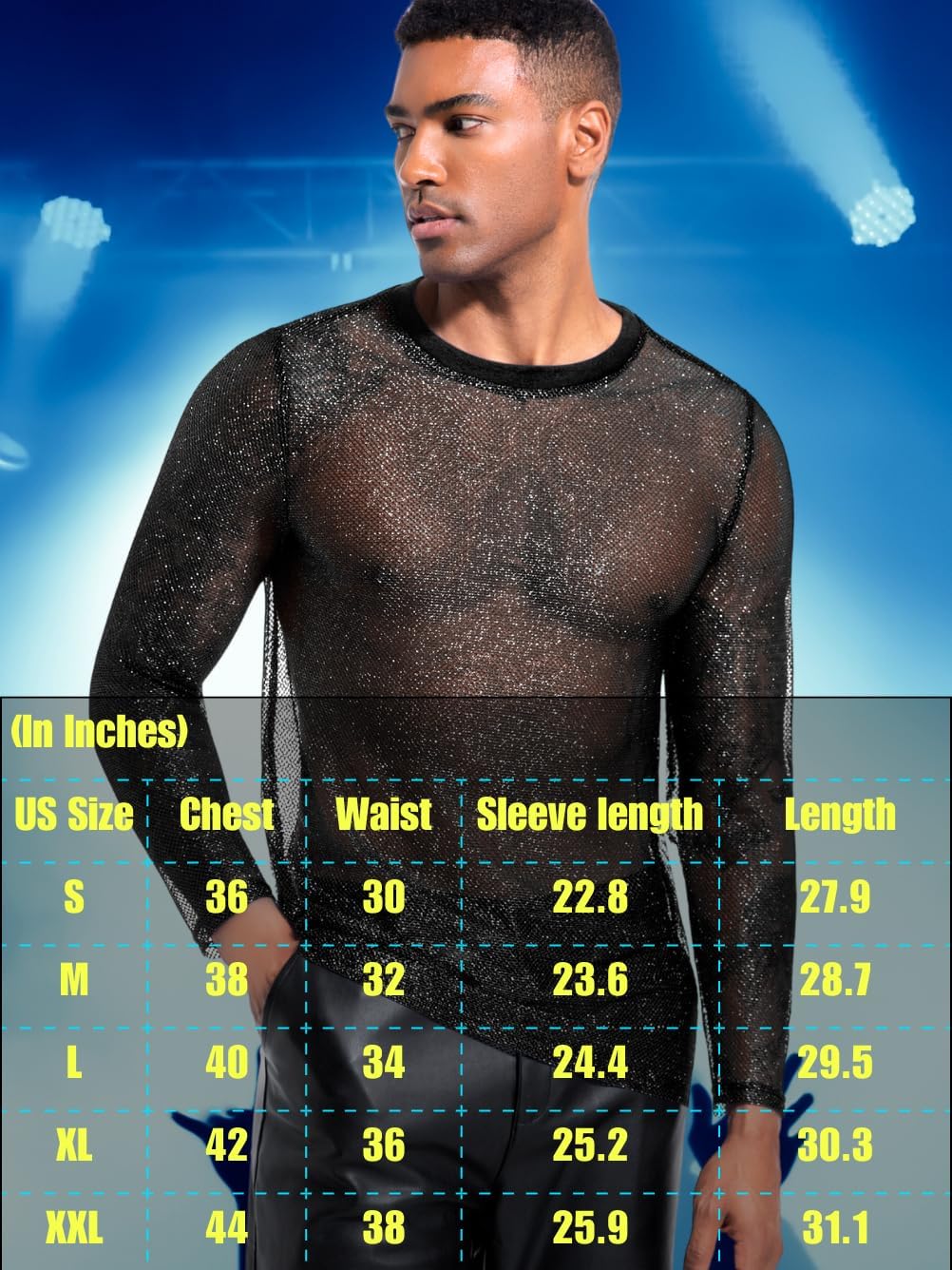 Mens Sexy Silver Glitter Mesh Shirt, Long Sleeve Sheer See Through Fishnet Top, Club Party Rave Outfit Music Festival - Image 5