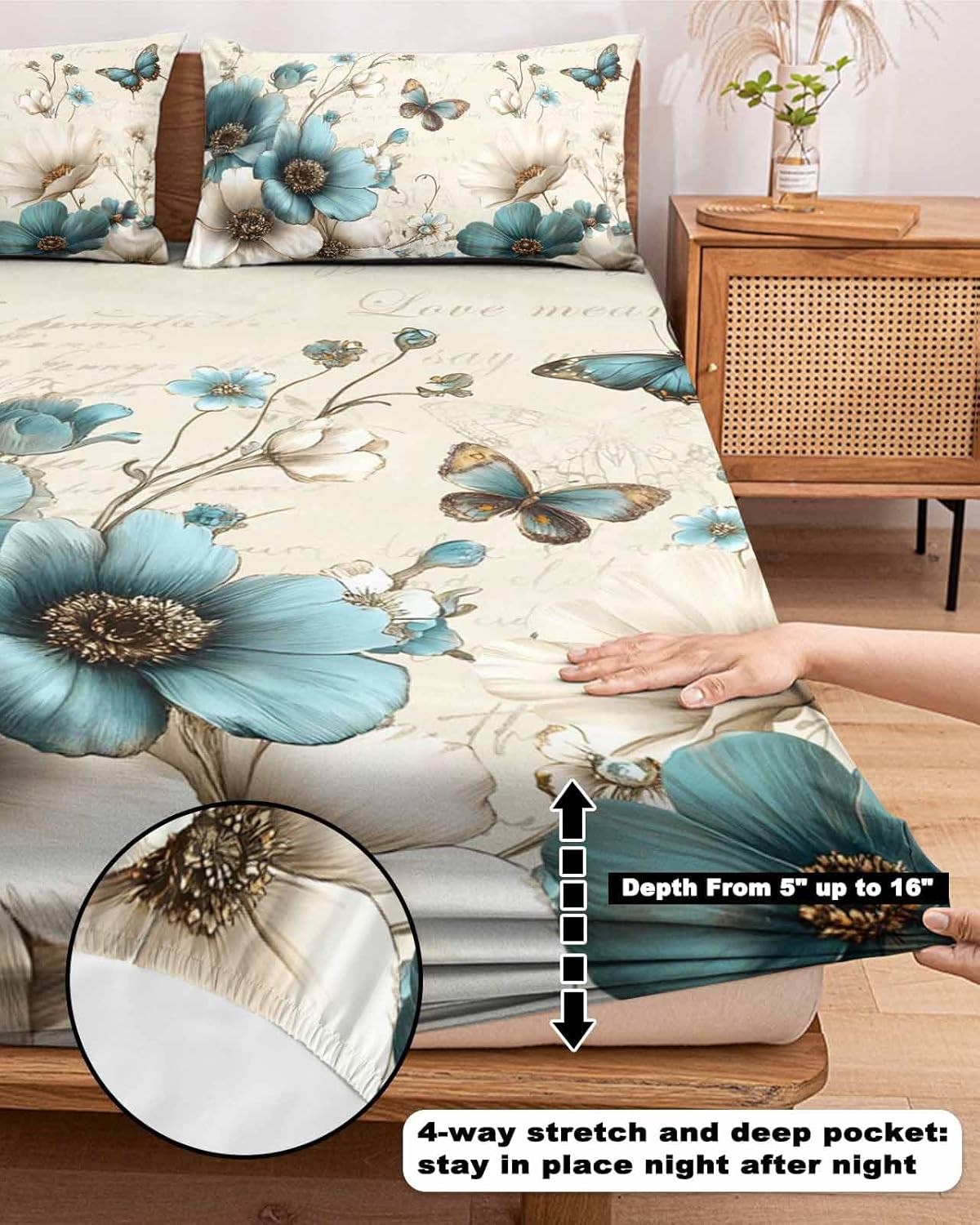 Teal Tulips King Size Fitted Sheet Set - Vintage Farmhosue Turquoise Floral Butterflies 3 Piece Bedding Sets 16" Deep Pocket Fitted Sheet with 2 Pillowcases, Brushed Microfiber Hotel Luxury Bed Sheets