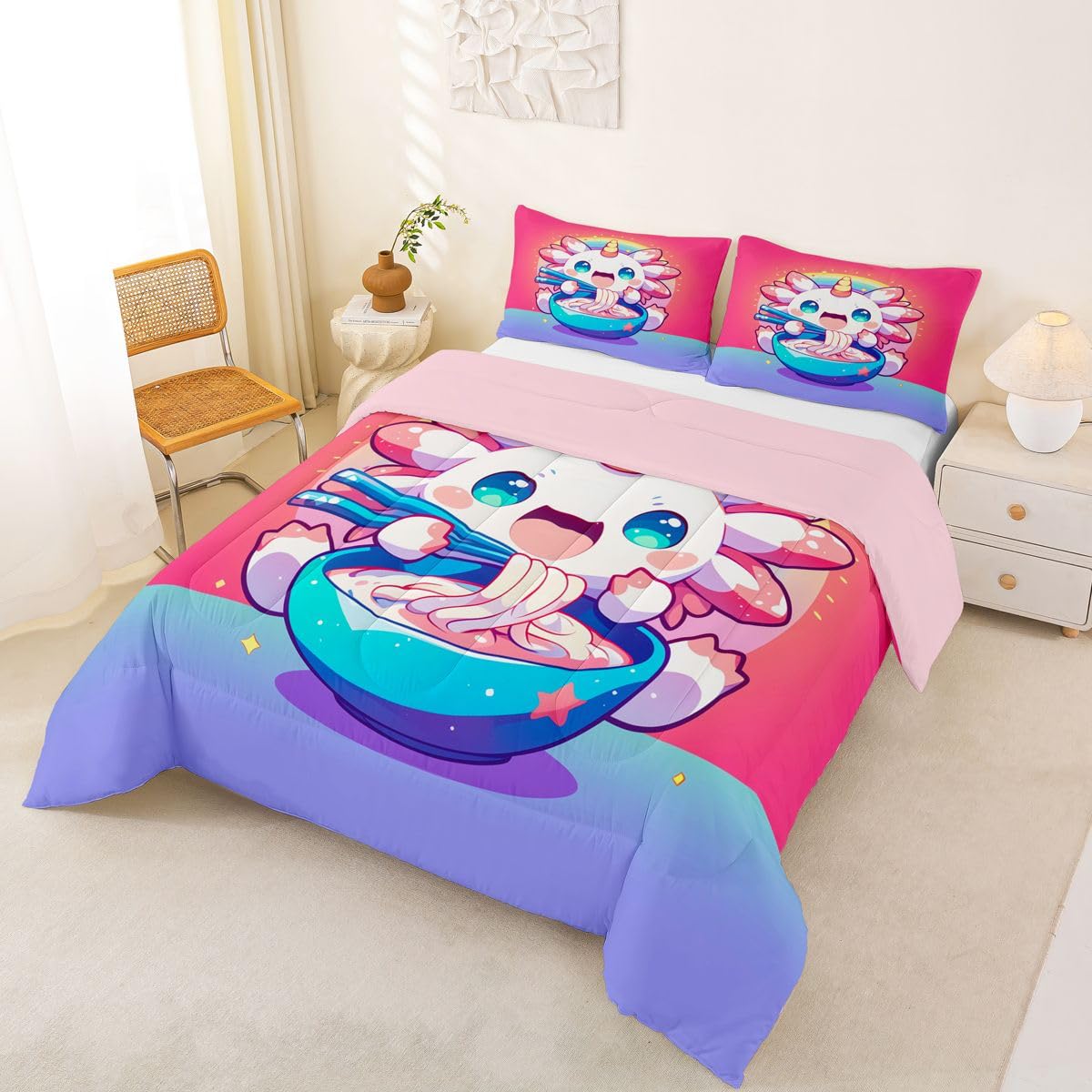 Homewish Axolotl Różowy Dziewczęcy Kawaii Jednorożec Kreskówka Zestaw Kołdry King Size - Zwierzę Urocza Salamandra Zestaw Pościeli Księżniczka Marzycielska Kołdra - Ombre Tęcza Bez Poszwa Kołdra