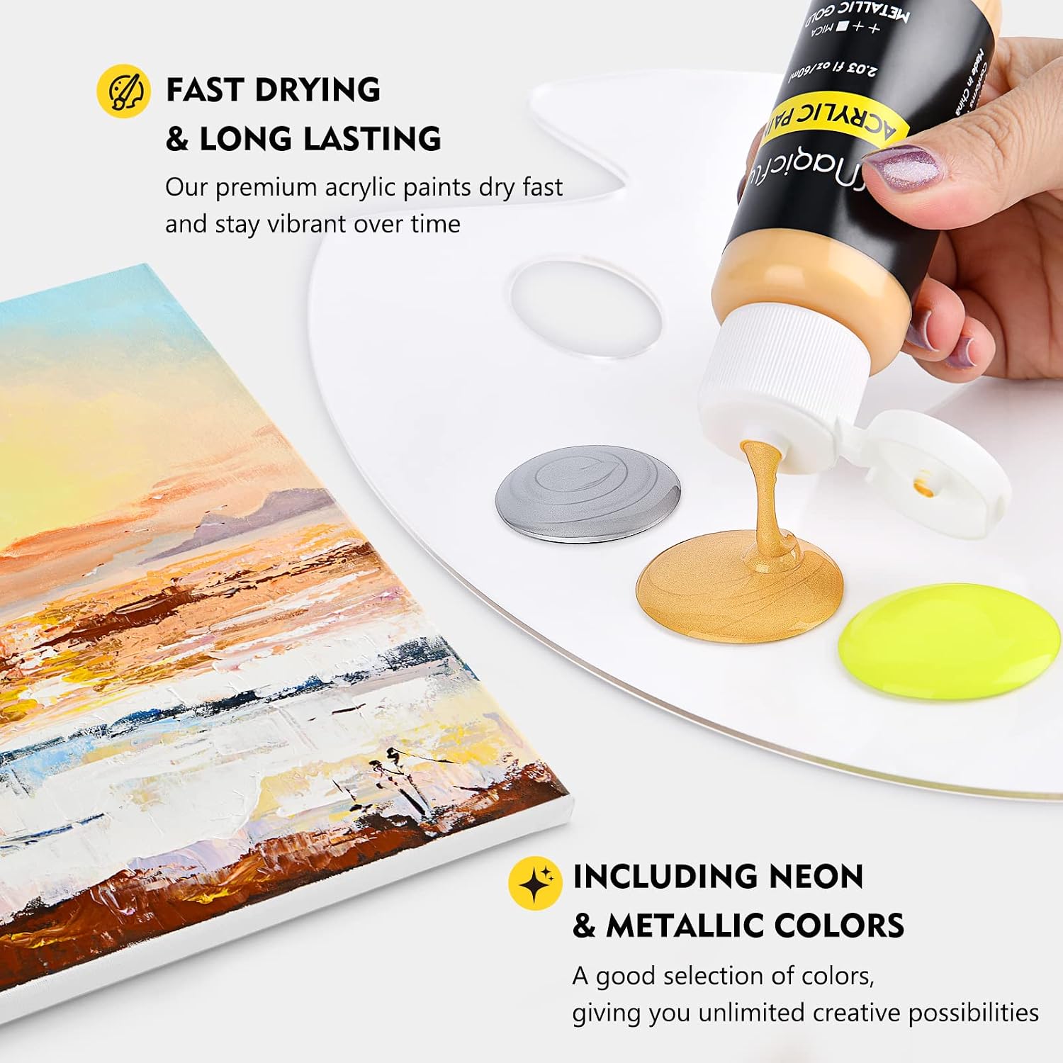 Magicfly Acrylic Paint Set (2 oz/60ml), 20 Colors Acrylic Craft Paint (Metallic Colors Included) for Christmas Decorations, Acrylic Art Paint for Canvas, Glass, Wood, Stone, Ceramic & Model, Art Supplies for Artist, Adults & Beginners