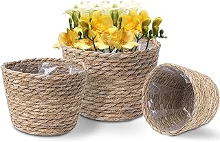 3 Pack Seagrass Planter Basket, Flower Pots Cover Storage Basket Plant Containers, Woven Planter Baskets for Indoor Outdoo...