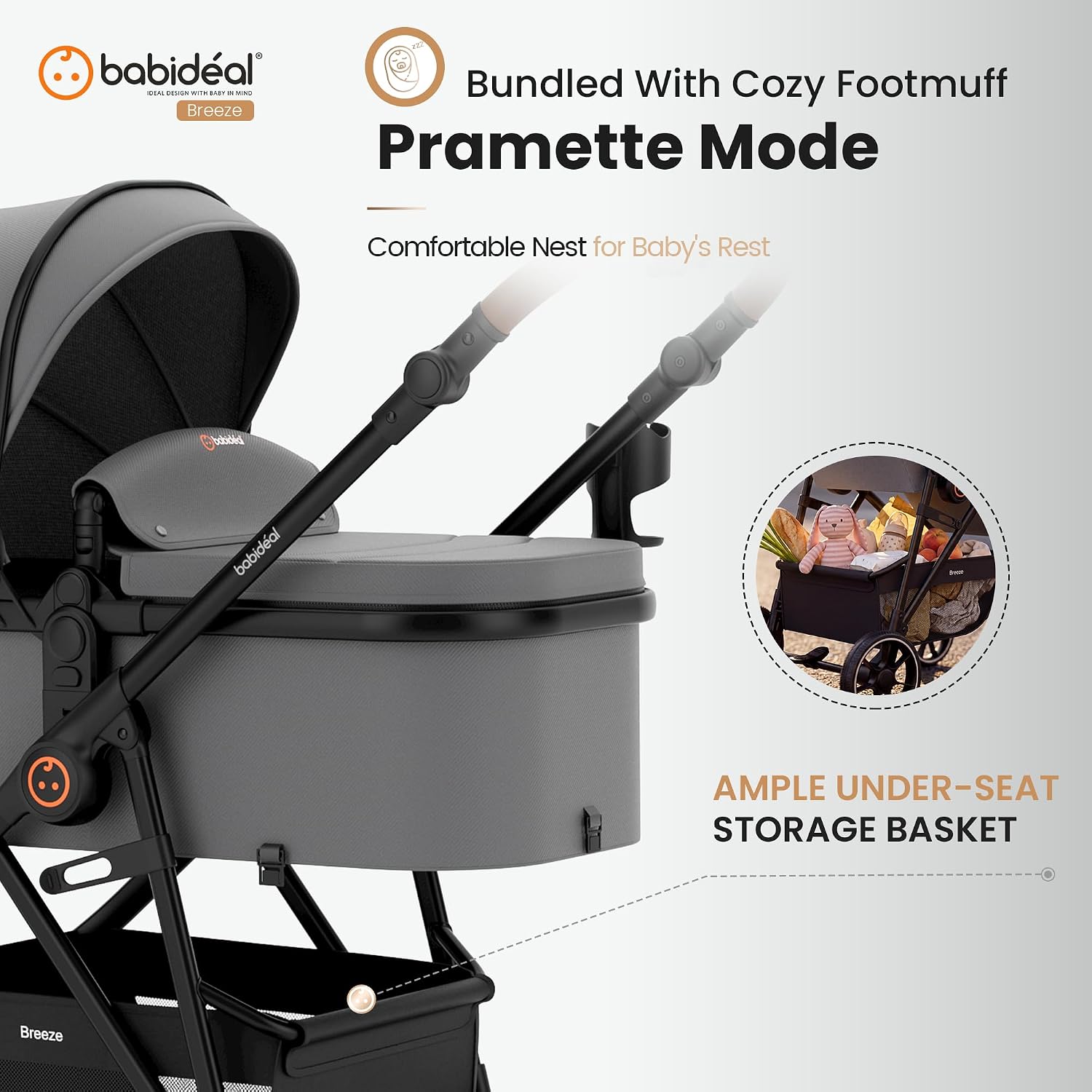 Babideal 3 in 1 Baby Stroller, Convertible Newborn Stroller with Reversible Seat, Adjustable Backrest, EVA Wheels, Large Storage Basket, Compact Fold for 0-36 Months