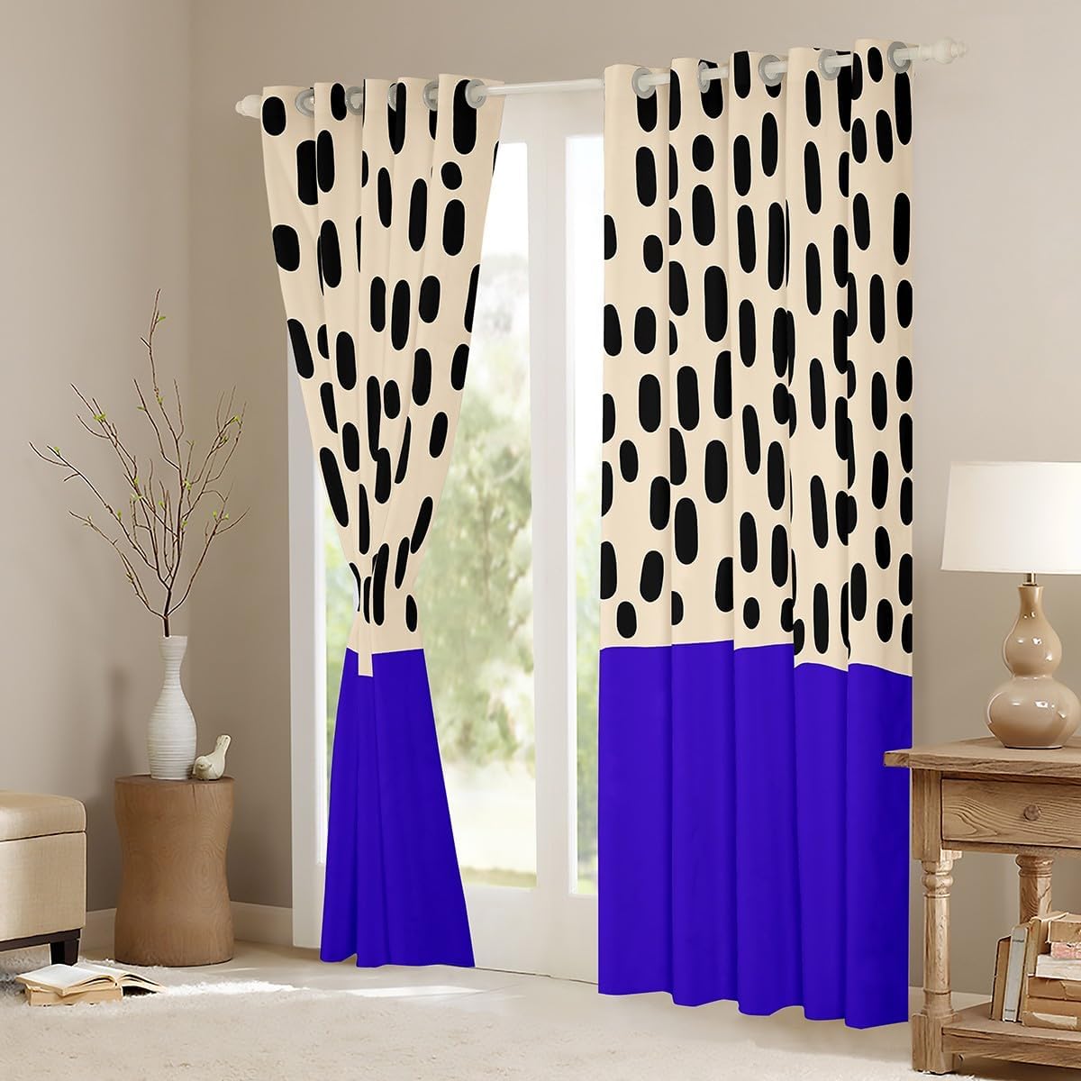 Erosebridal Modern Abstract 30%-50% Blackout Curtains, Dark Blue Beige Window Curtains 2 Panel Sets 42" W x 84" L, Boho Polka Dots Design Window Treatments Drapes, Minimalist Geometric Pattern Decor