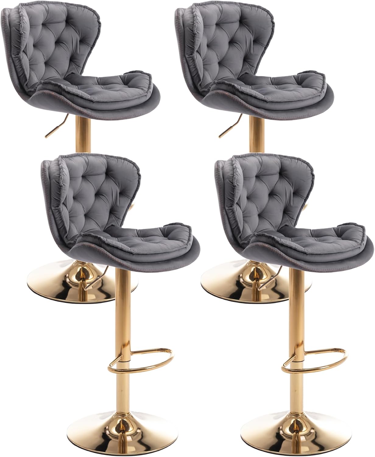 Velvet Tufted Bar Stools, Modern Height Adjustable Swivel Barstools, 360 Degree Counter Chairs with Back & Gold Metal Base for Pub, Kitchen, Cafe (Set of 4, Grey)