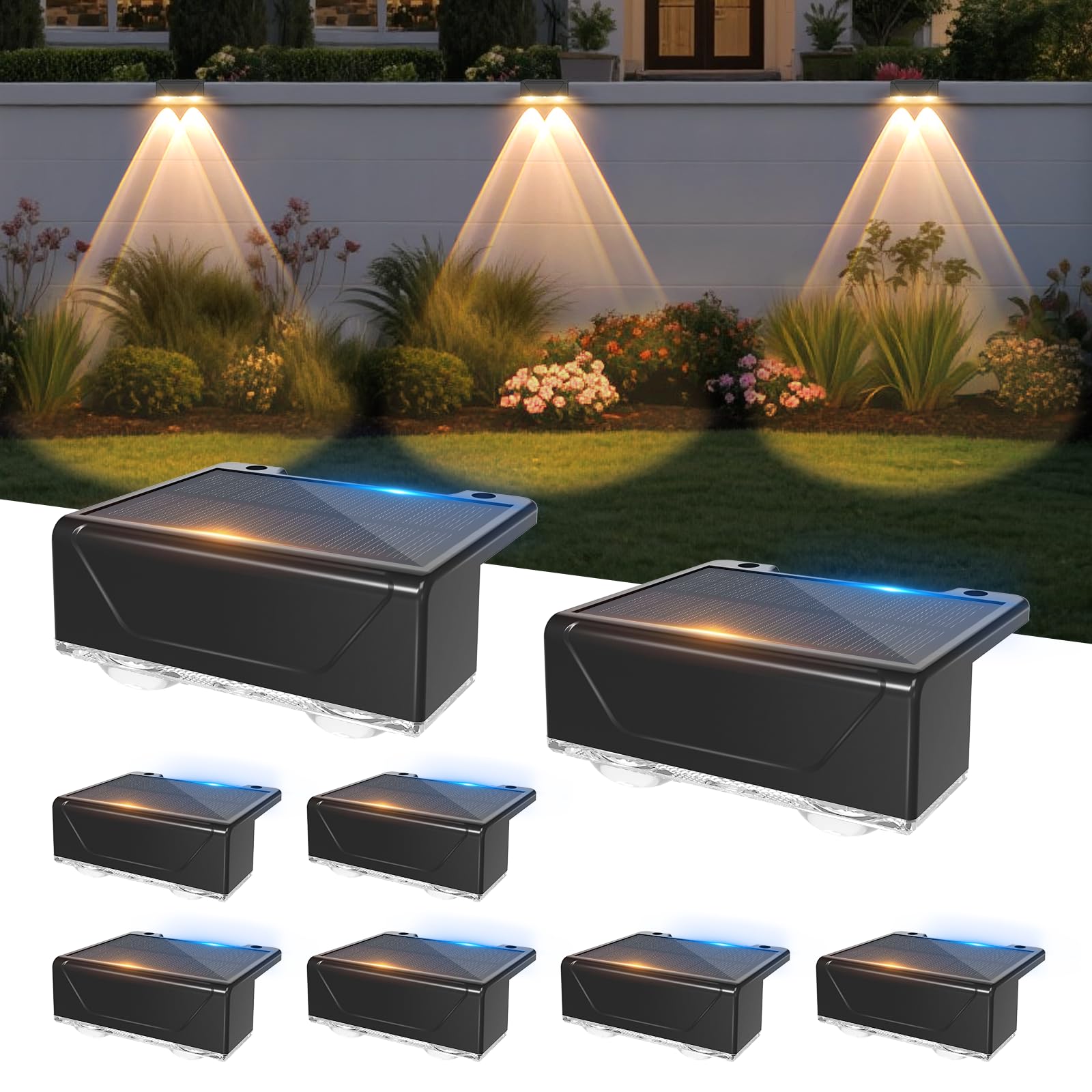 Liyade Solarlampen für Außen Garten, 8 Stück Solar Wandleuchte Aussen, Wasserdicht Solar Zaunlichter mit 3 Leuchtmodi, Decklichter für Zaun, Außentreppen, Stufen, Veranda, Deck, Patio