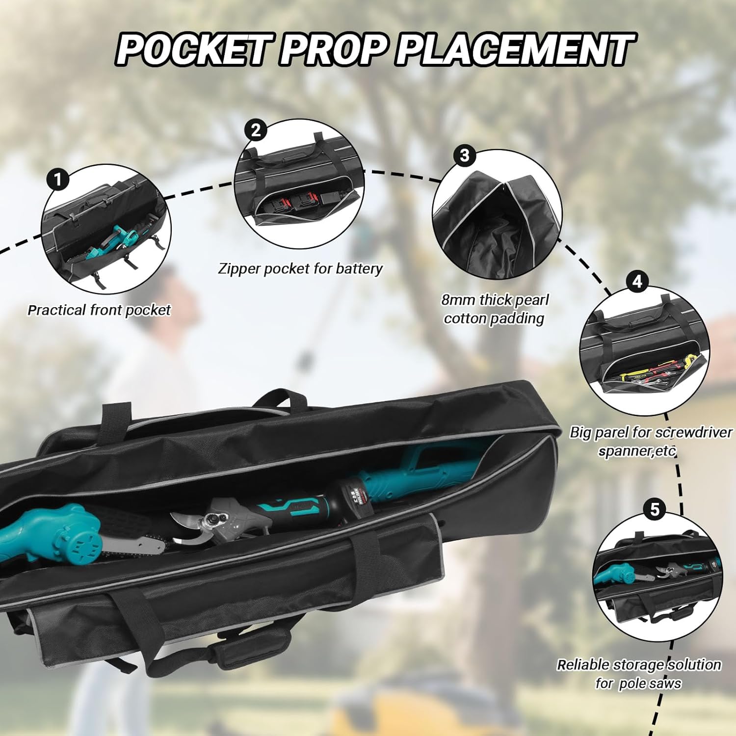 Pole Saw Bag Suitable for Dewalt/Worx/Greenworks/EGO Power+/Black+Decker Electric Telescoping Chainsaw, Pole Saw Storage Case with Front & Back Pockets for Extension Tree Trimmer Attachment