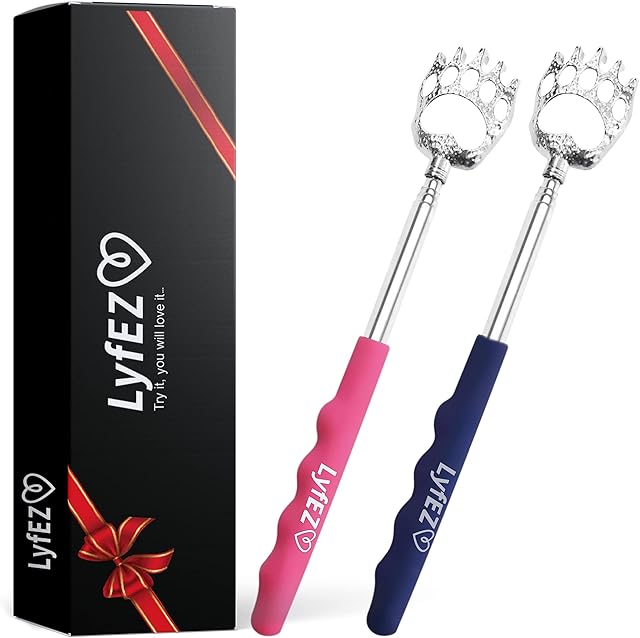 LyfEZ Back Scratchers for Men Women - Pack of 2 - Stainless Steel Portable Telescopic Tickler in Blue and Pink Colours for Itch Relief with Rubber Handle - 21/58.5 cm