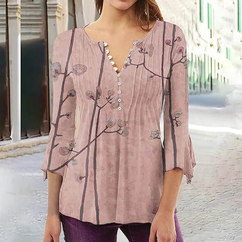 Miniatura 2 de 34 Sleeve Tunic Tops for Women, Floral Print Blouse V Neck Button Pleated Top Slim Elegant Casual Shirts for Ladies