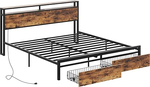 Miniatura 45 de LIKIMIO Base de cama Queen con cabecera de almacenamiento, cama de plataforma con cajones y estación de carga, no necesita somier, fácil montaje,