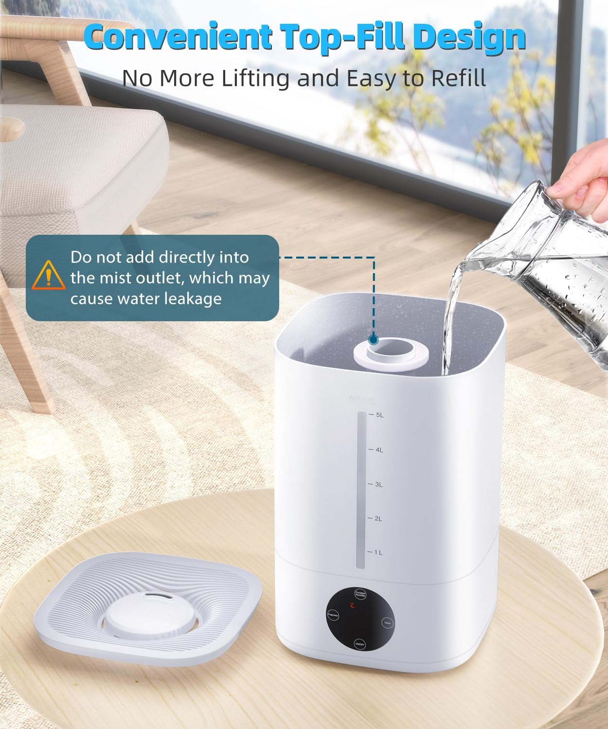 Warning against pouring water into mist outlet