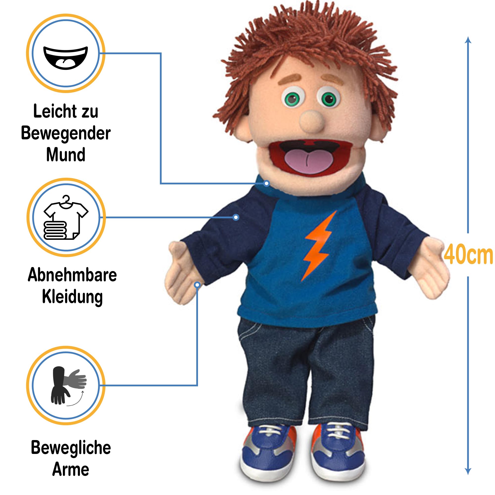 Tommy Peach Boy von Silly Puppets | 40 cm Handpuppe für Kinder | Mit Beweglichem Mund Und Armen | Abnehmbare Handwaschbare Kleidung