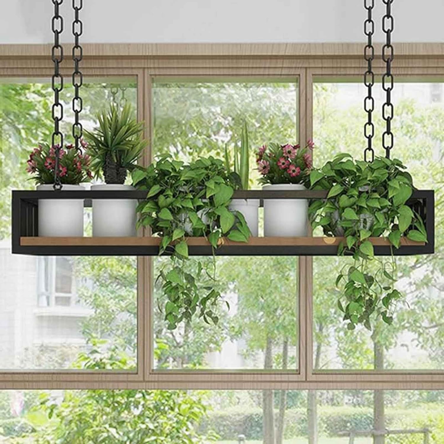 Flower Pot Rack Storage Shelves, Ceiling Hanging Flower Stand, Creative Plant Railing Shelf with Solid Wood Board and Iron Frame Display Racks for Bar Flower Shop Balcony(60x25x15cm)