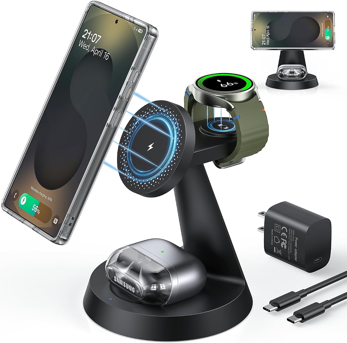 Meifigno Magnetic Wireless Charger for Samsung, 3 in 1 Charging Station Compatible with MagSafe Samsung Charger for Galaxy S26 Ultra S25 Z Fold7/Flip7, Charger Stand for Galaxy Watch Ultra 8, for Buds