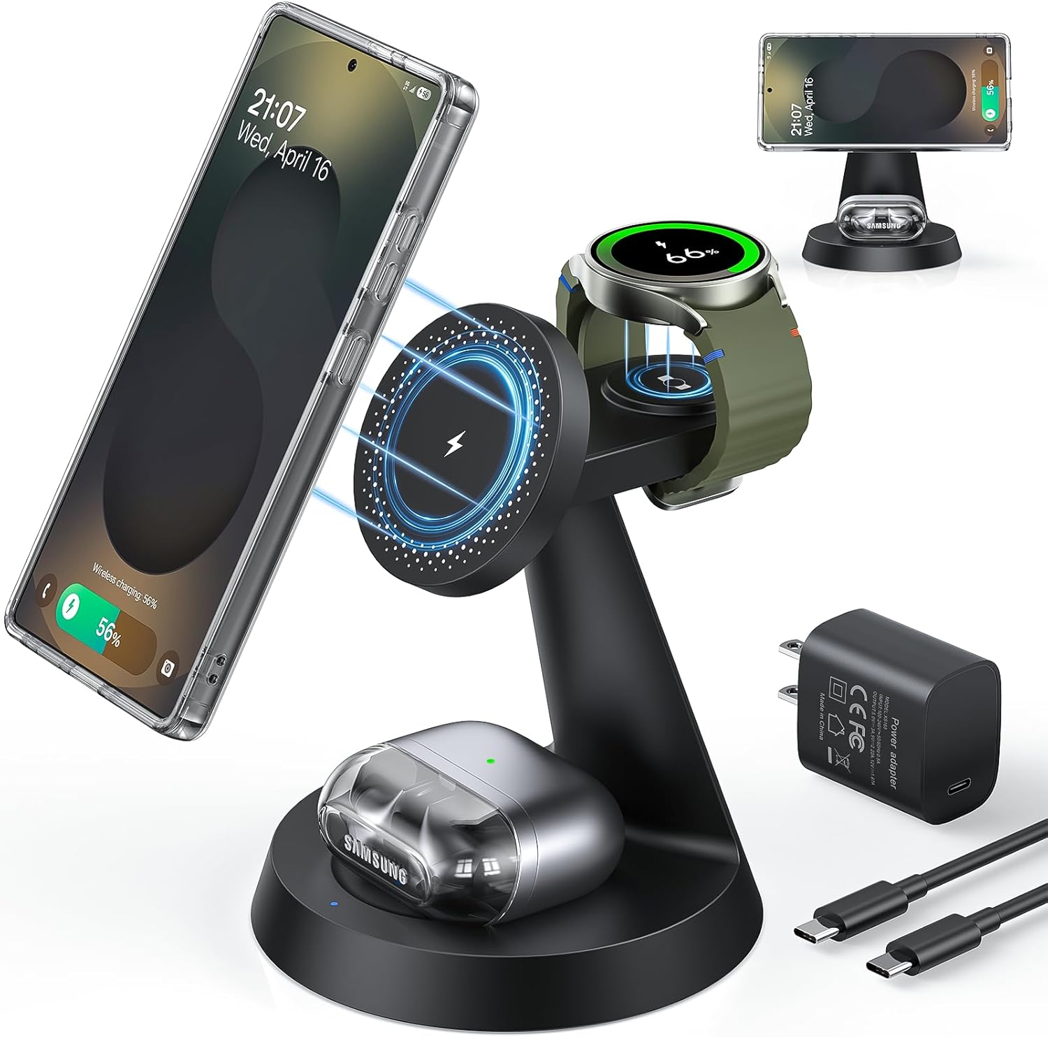 Magnetic Wireless Charger for Samsung, 3 in 1 Charging Station Compatible with MagSafe Samsung Charger for Galaxy S25 Ultra S24 Z Fold7/Flip7, Watch Charger Stand for Galaxy Watch Ultra 8 7, for Buds