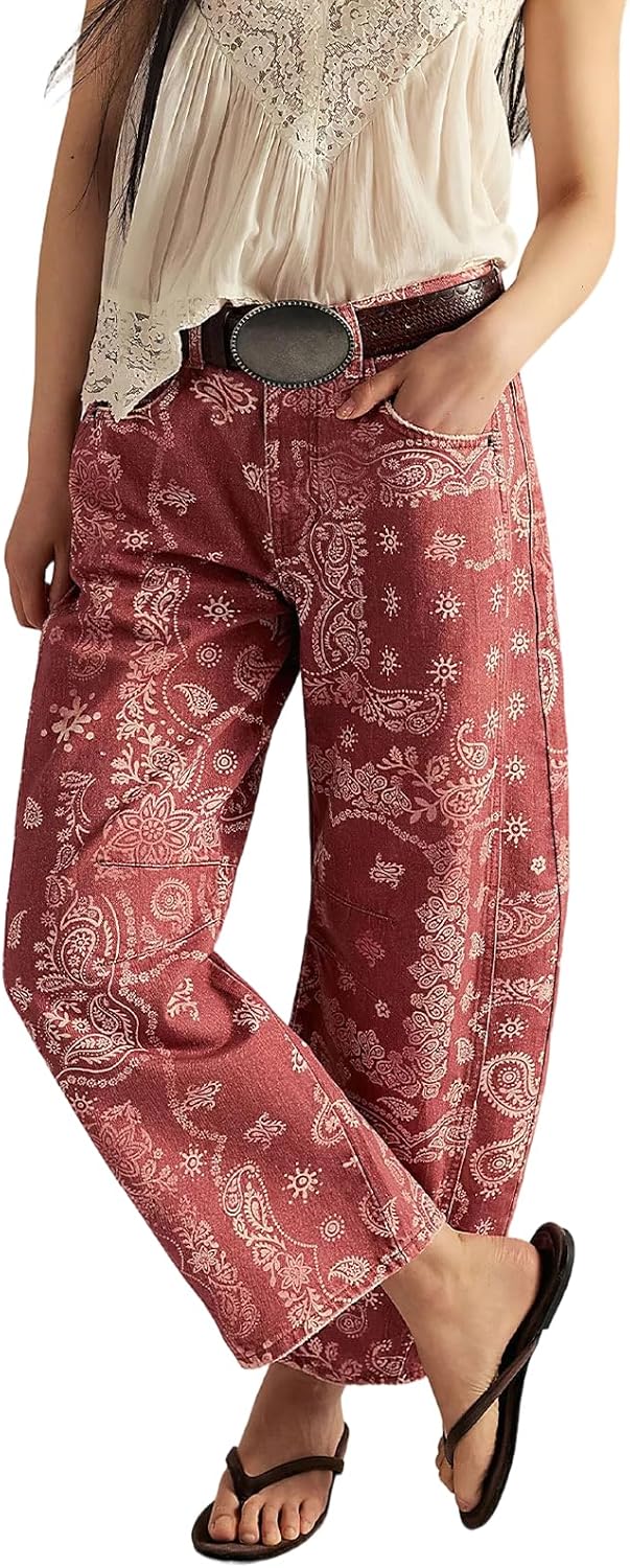 ebossy Womens Mid Rise Barrel Jeans Y2k Casual Printed Wide Leg Cropped Denim Pants Baggy Boyfriend Jeans