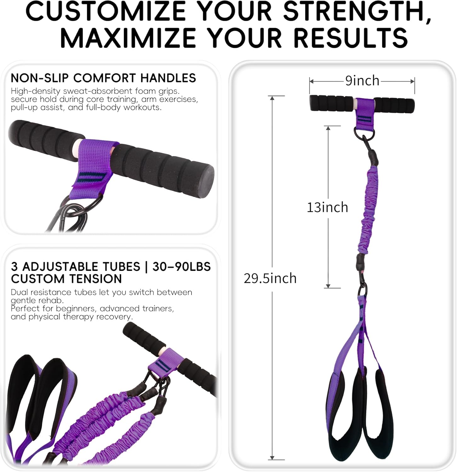2026 Upgraded Pedal Resistance Bands with Handles, 30-90LBS Adjustable 3-Tube Home Gym, Full Body Workout for Abs/Arms/Legs/Core, Portable Foot Pedal Exercise Bands for Women & Men