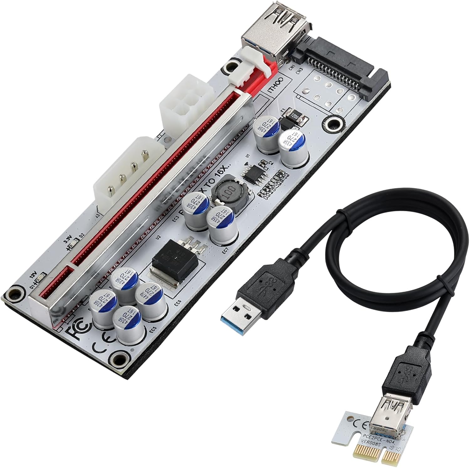 新しいバージョン、009S Plus PCIE Riser 1Xから16Xグラフィックス拡張、ビットコインGPUマイニングパワード、 VER009S  Plus PCI-E PCIE ライザー 009s 6 ピン PCI Express ライザーカード Molex USB 3.0 ケーブル 1X  16X エクステンダー ビットコイン BTC マイナー ...