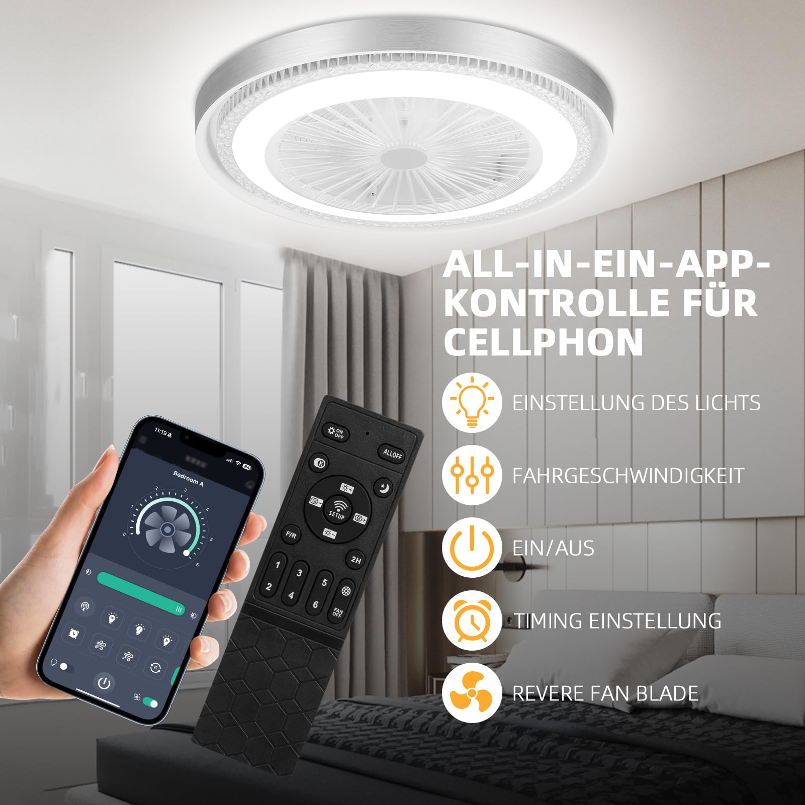 Ventilatore da Soffitto con Luce,50W Ventilatore da Soffitto con Luce e Telecomando & APP,Ultra-Silenzioso|6 Velocità| Motore DC Reversibile|Dimmerabile Plafoniera con Ventilatore,Ø51cm