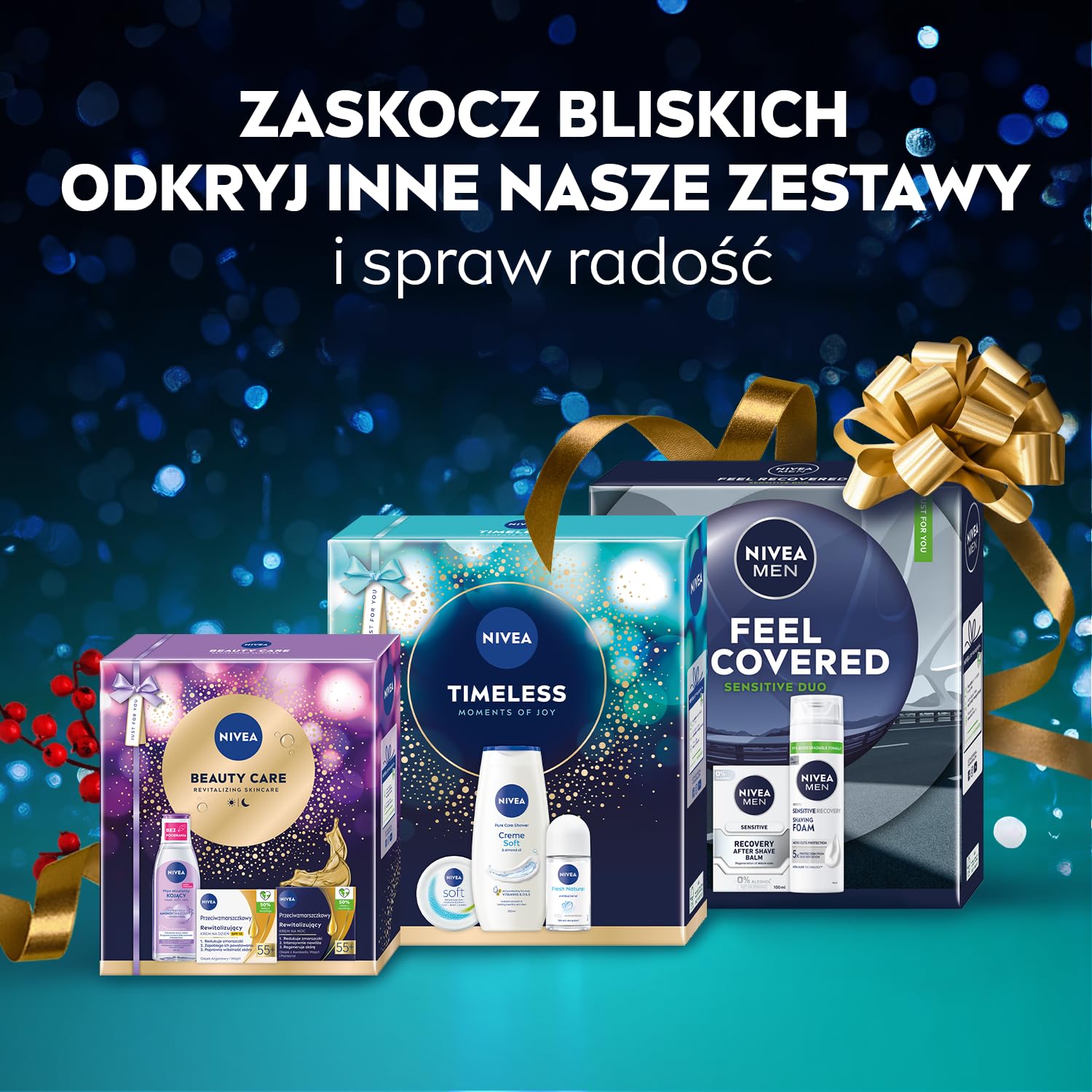 NIVEA Pampering Świąteczny prezent - Zestaw kosmetyków dla kobiet do ciała: krem do rąk, balsam nawilżający, żel pod prysznic Creme Care i anyperspirant roll on