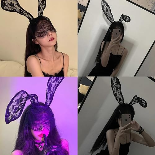Miniatura 3 de Diadema de encaje con orejas de conejo, velo negro, diadema para el pelo para discotecas, Pascua, día de la madre, Navidad, accesorios de decoración